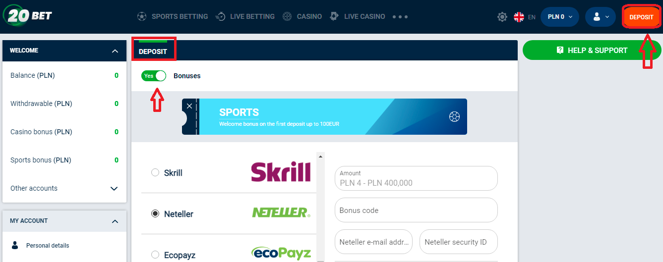 20Bet Méthodes de dépôt